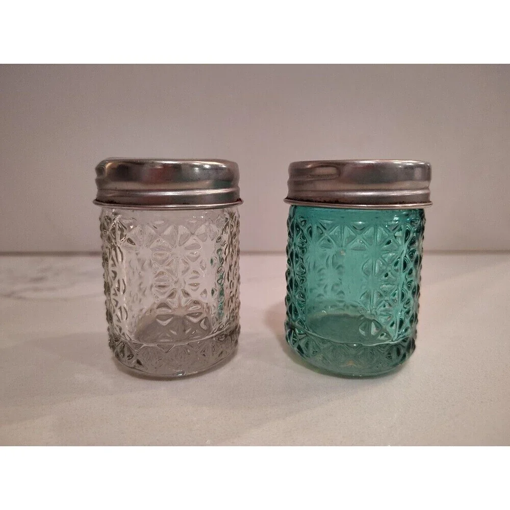 Vintage Glass Salt and Pepper Green and Clear Daisy Sunburst
